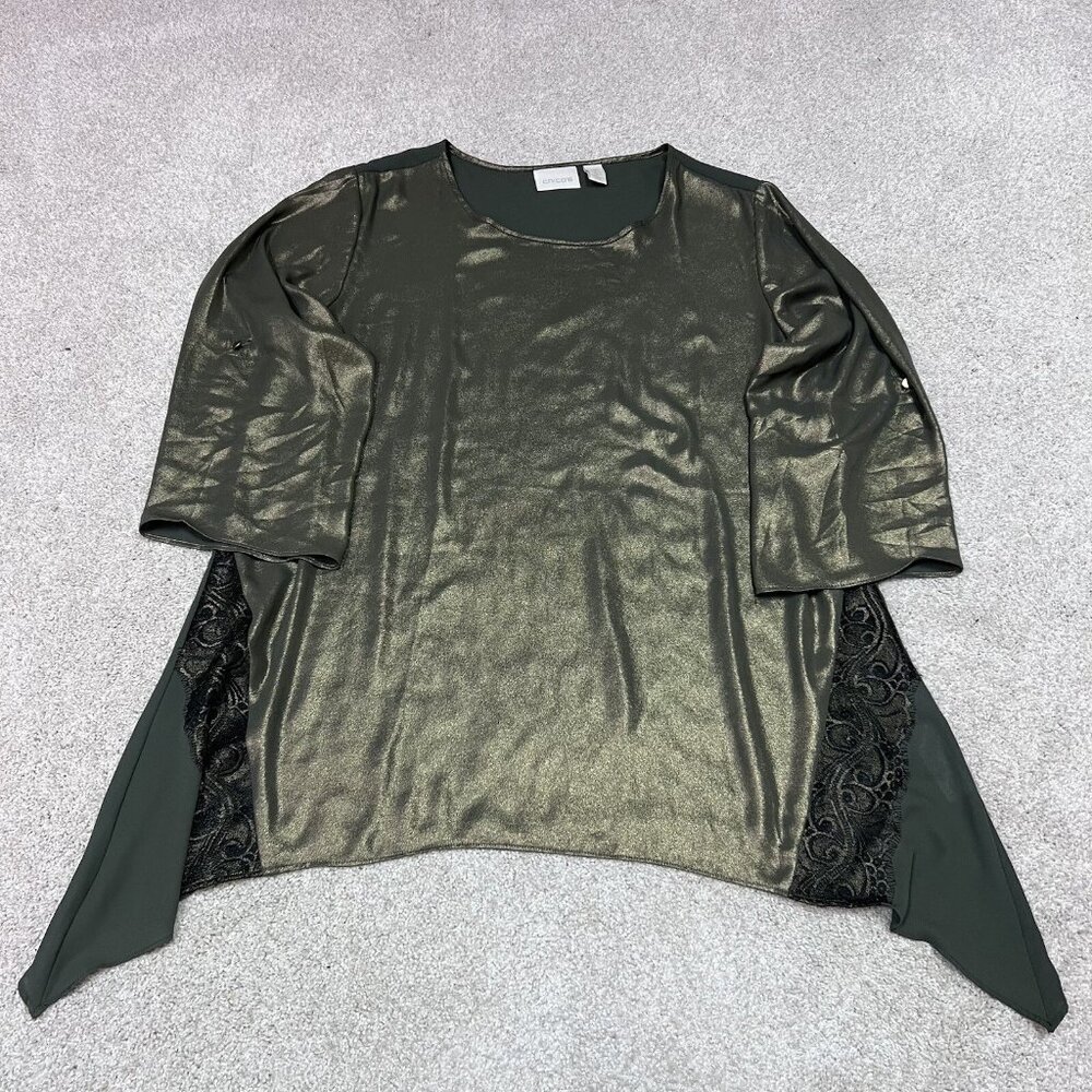 Chico’s Blouse Women’s Green Long Sleeve Roll Tab Sleeve Women’s Size 2